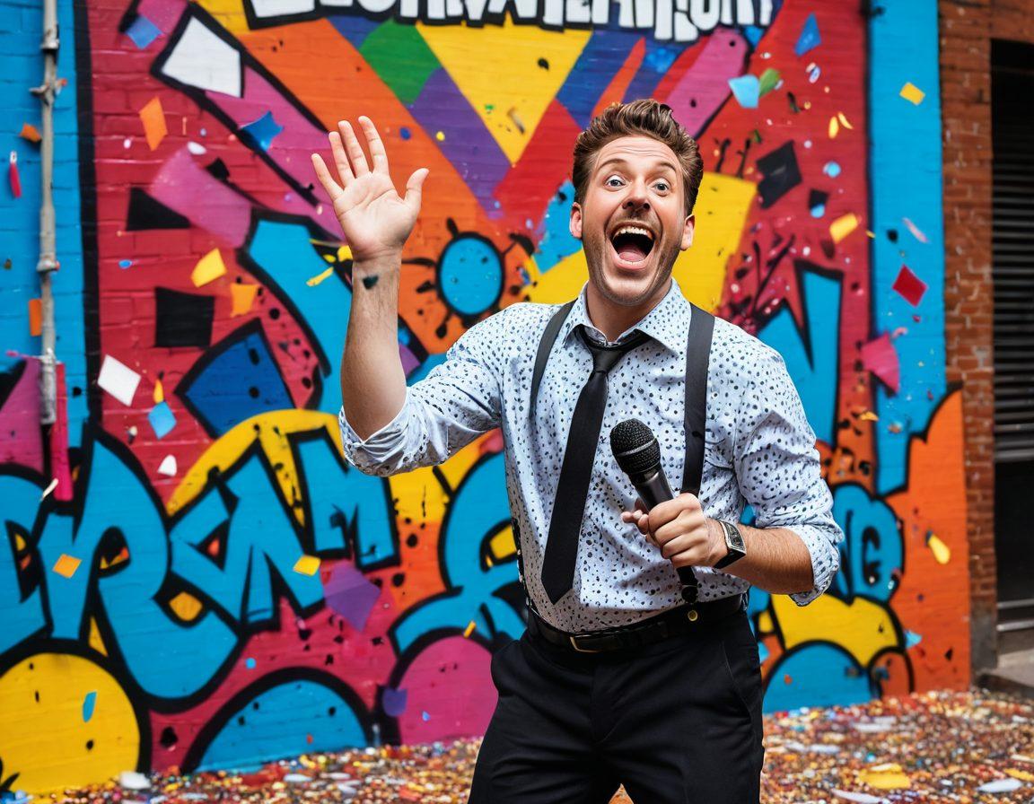 A vibrant street scene depicting a comedian on stage, animatedly performing stand-up while a diverse crowd reacts with a mix of laughter and shock. Include exaggerated expressions on audience members, confetti flying in the air, and playful elements like memes or social media icons floating around. The backdrop should feature iconic symbols of comedy and controversy, such as a microphone and bold, colorful graffiti. super-realistic. vibrant colors. 3D.