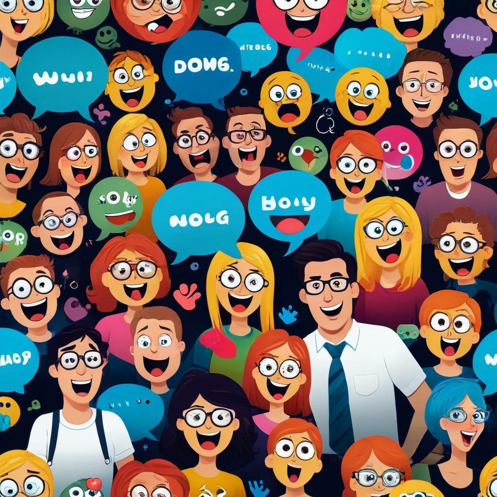 A vibrant, chaotic scene depicting a lively debate with animated characters passionately arguing, surrounded by humorous and cheeky symbols like sassy emojis and bold text bubbles. A contrasting dark background enhances the bright colors, showcasing a mix of irritation and laughter, capturing the essence of provocative humor in adult blogging. super-realistic. vibrant colors. chaotic atmosphere.